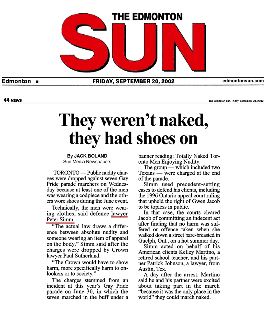 Edmonton Sun 2002-09-20 - Simm convinces Crown to drop nudity charges against Pride marchers